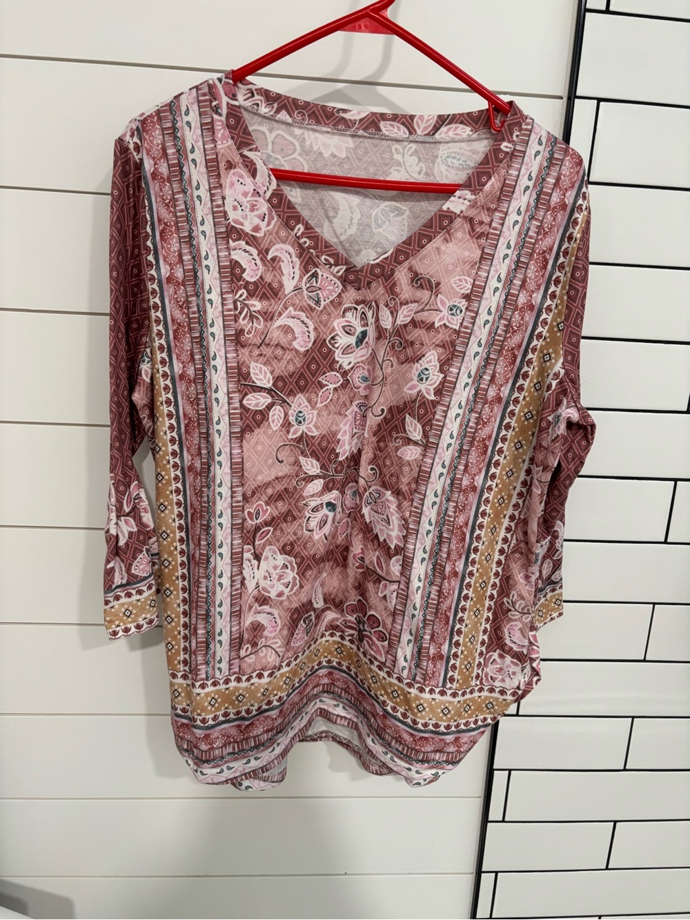 Boho Floral V-Neck Tunic Top - Mauve Pink